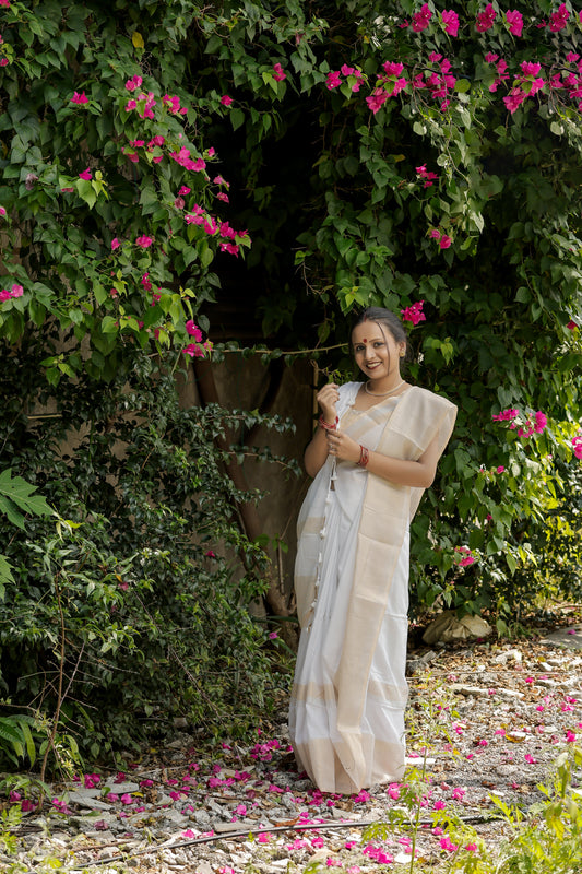 Shwetambara – White Bengal Cotton Saree with Golden Zari Border