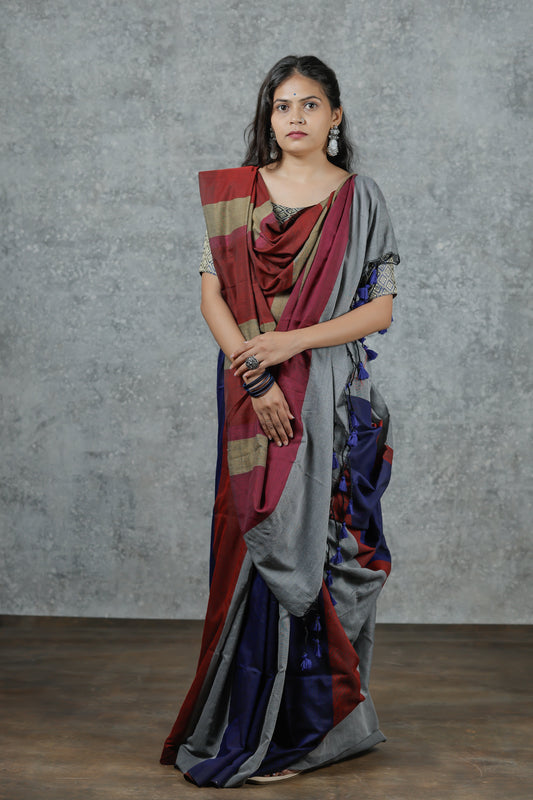 Lohini – Black Maheshwari Silk Saree with Ombre Dye and Golden Border
