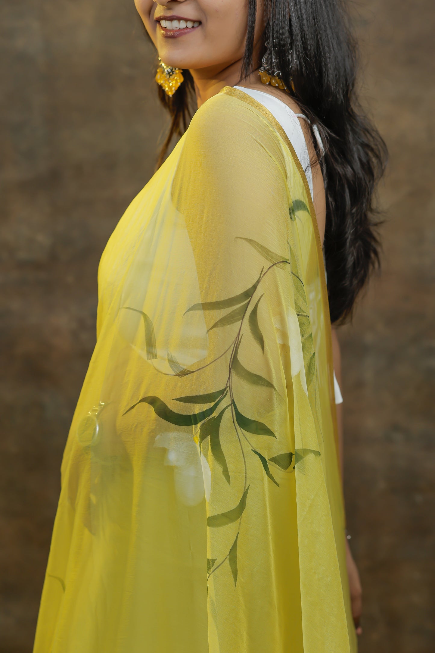 100% Pure Chiffon Sarees with Hand-Painted Floral Motifs for Women